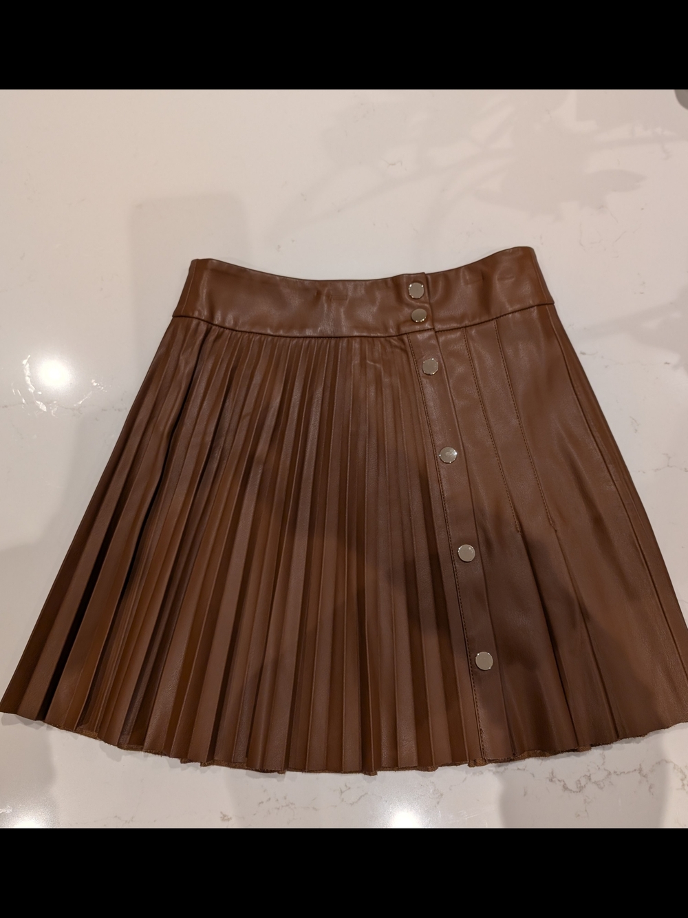 Zara Brown Pleated Faux Leather Mini Skirt with Snap Buttons